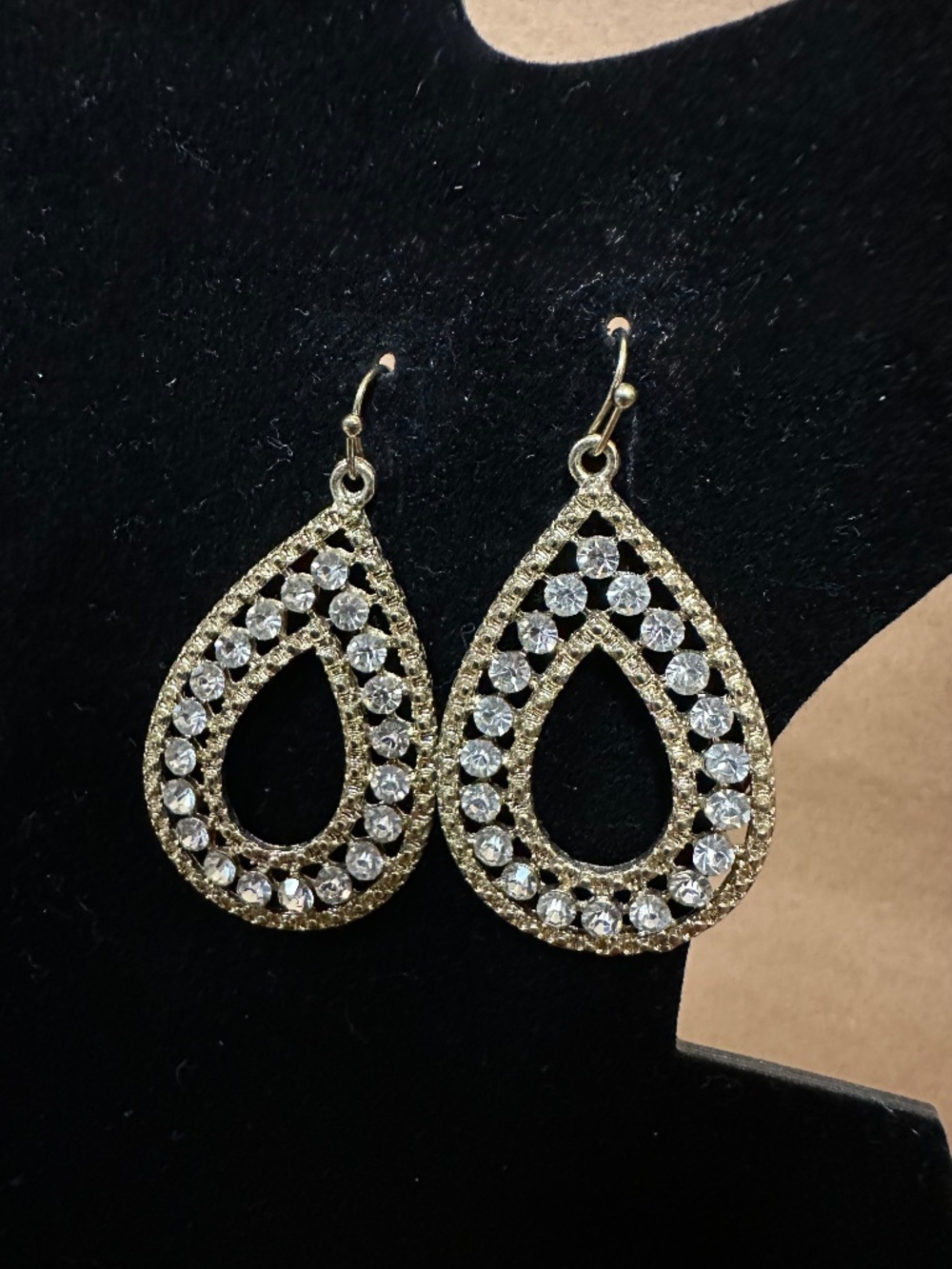 Gold-tone Metal and Clear Crystal Teardrop Drop Earrings